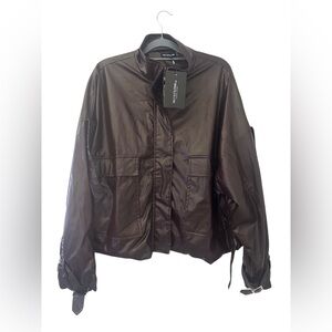 PrettyLittleThing Chocolate Faux‎ Leather Oversized Biker Jacket – Size US 4
